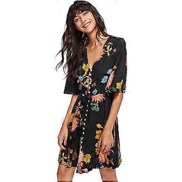 Boheme Dame Kjole med Knapper, Slids og Blomsterprint (style776)