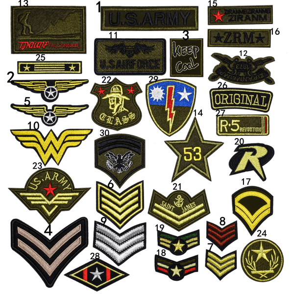 30 st Soldatmärken Barn Broderade Patch Sy På/Stryk På Patch