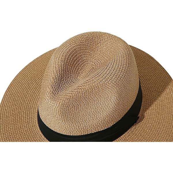 Womens UPF50 Foldable Summer Straw Hat Wide Brim Fedora Sun Beach