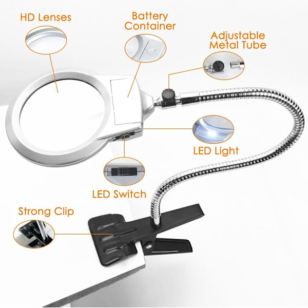 2,5 x 10 x Fleksibel Metal Skrivebords Luplampe med Klemme og 2 LED