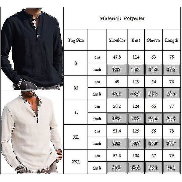 Herre Kravefri Langærmet T-shirt Bedstefar Skjorte Knap Pullover Toppe..