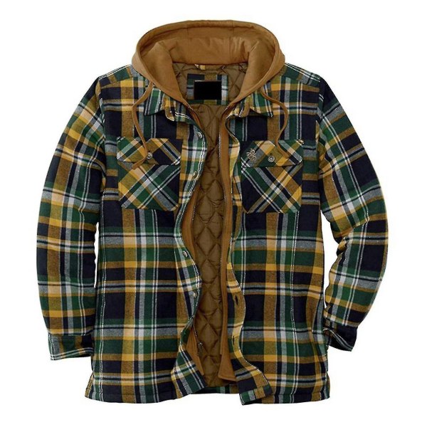 Quilted Thick Plaid Long-sleeved Loose Jacket Men&#39;s Hoodie Quilted Lined Flannel.M.Green