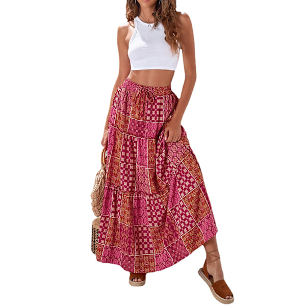 Boheme strandnederdel, sommer strandnederdel, komfortabel etnisk stil trykt lang nederdel, M, purpurrød Purple  red M