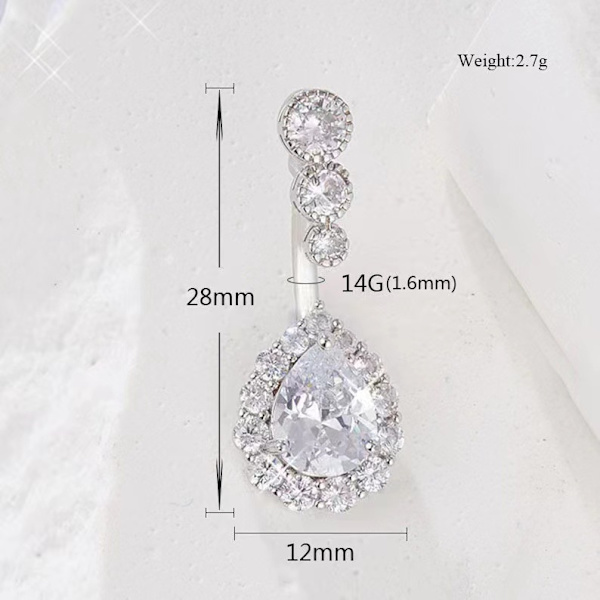 Navelpiercing med flera strass, droppform, 316L kirurgiskt stål