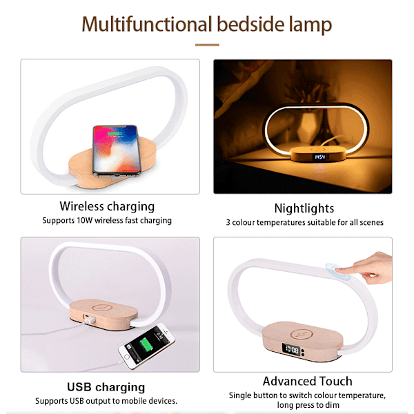 Trådløs nattbordslampe med lader, berøringsnattbordslampe med USB-port