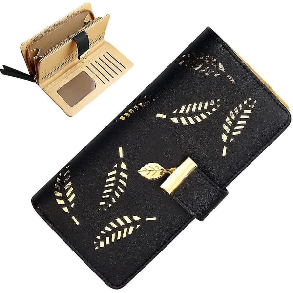 Dametæske Clutch Bag Bladhængende Mønt Lynlås Lang Tegnebog Sort