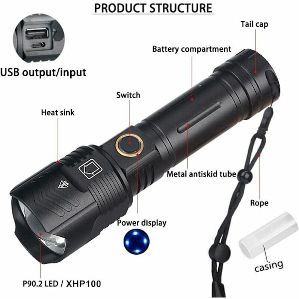 Starkt Ljus P99 LED Ficklampa Utomhus USB Ut- och Ingångs Laddning