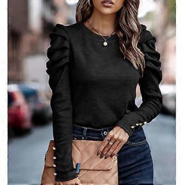 Dam Puff Långärmad Topp Rund Hals Knappdekoration Lös Passform Casual Pullover Blus Svart XXL