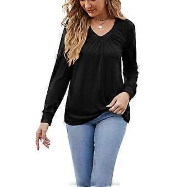 V-udskæring Plisseret Bluse Ensfarvet Langærmet Tunika Plisseret Bluse Top til Kvinder Sort M