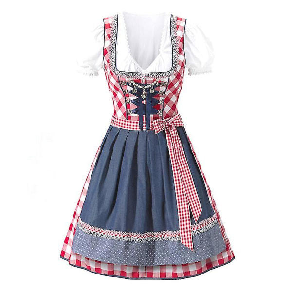 Damrutig Dirndl-klänning i rutigt mönster, tysk bayersk Oktoberfest-ölflicka-dräkt (vit skjorta + klänning + förkläde). M. Röd