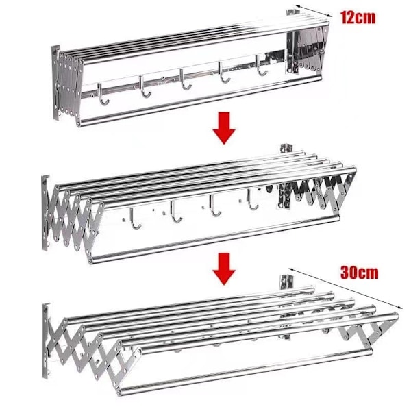 60cm Utvidbar Veggmontert Håndkletørkestativ i Rustfritt Stål med 5 Kroker