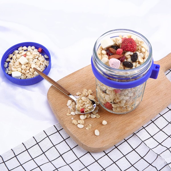 2-delad glasburk för overnight oats med lock och sked, återanvändbar glasburk med skala, frukostburk för förvaring av mjölk, flingor, frukt (vit)