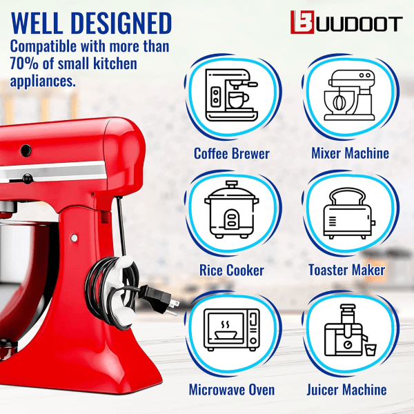 9-pak ledningsholder-arrangør til køkkenapparater, ledningsholder til mixer, blender, kaffemaskine, trykkoger, frituregryde, under skrivebord, vægmontering, støvsuger. Nem at skrælle og klæbe