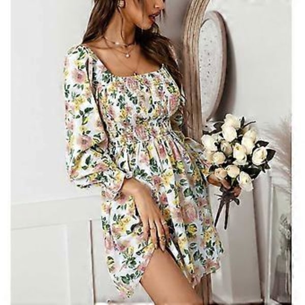Blomstret Rynket Off Shoulder Kjole Moderigtig Elastisk Strækbar Elegant Kjole til Kvinder