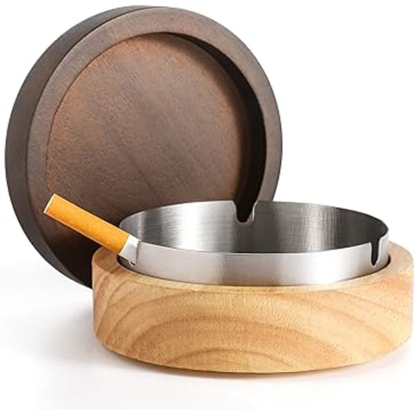 Wooden Ashtray with Lid for Smokers Stainless Steel Liner Ash Tra