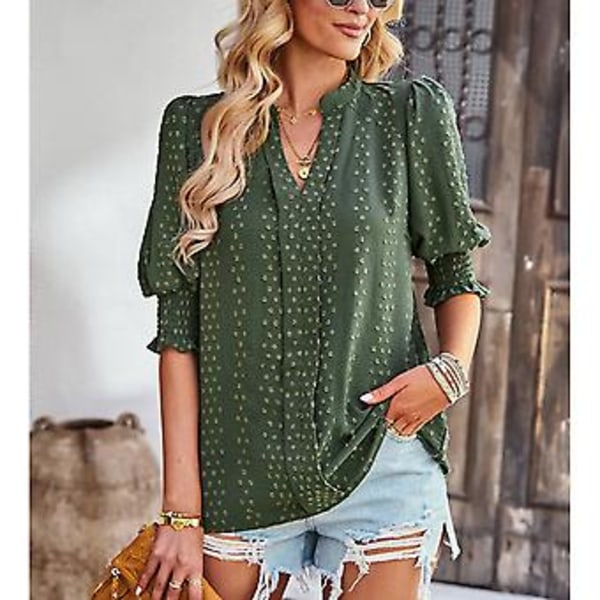 Dame Halv Erme V-hals Topp Elegant Moderne Ensfarget Puff Erme Elastisk Rynket Mansjett Skjorte Bluse (MOD Grønn) OD Green M