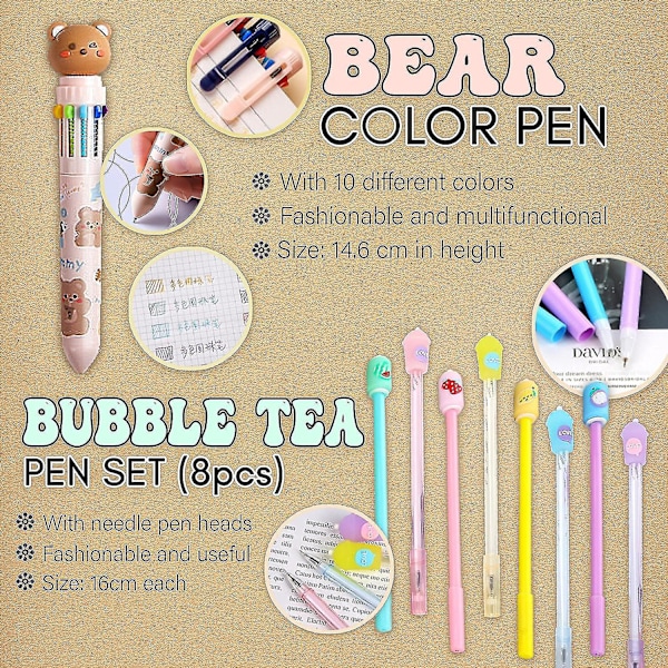 Lines Kawaii Penalhus Og Komplet Pink Kawaii Skrivesæt Med Pop Up Sød Boba Penalhus,..