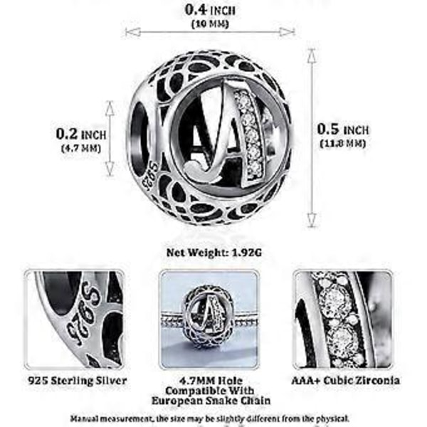 Dame Sølv CHARM 925 For armbånd, charms smykkeanheng 26 initialer for diy colliersstyle 1 SIZE 1