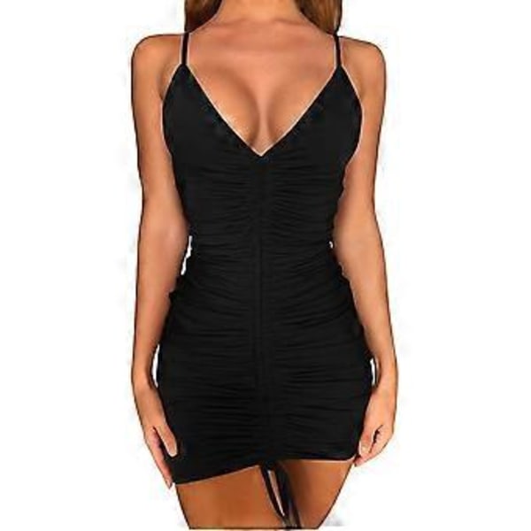 Sexet justerbar rynket spaghetti strop ærmeløs club bodycon mini kjole til kvinder (style885)