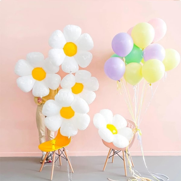 6 stykker Daisy Folieballon, XXL Daisy Mylar Folieballon, Hvid