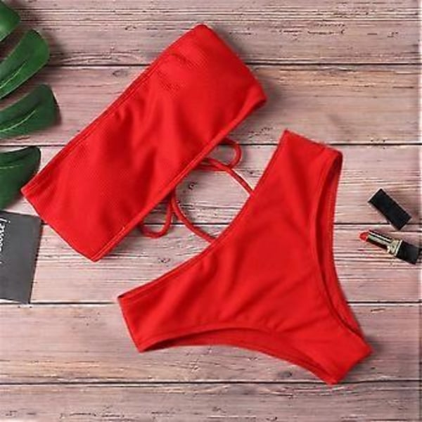 Bikiniset för damer, sommar, tvådelade baddräkter, hög midja, axelbandslösa crop tops, baddräkt, avslappnade strandbadkläder, presenter, röd M Red M