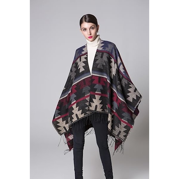 Mørkeblå 130 x 150 cm Dame Vinter Oversized Tartan Poncho