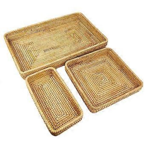 Rattanbricka Bordsskiva Organisation Handvävd Snacksförvaringskorg Multifunktionell Serveringsbricka 3 st Set