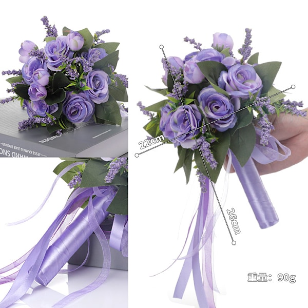 Bryllupsbuket til bruden, kunstig rosebuket, silke-rose, realistisk berøring, egnet til familiebryllup og festdekoration (lilla)