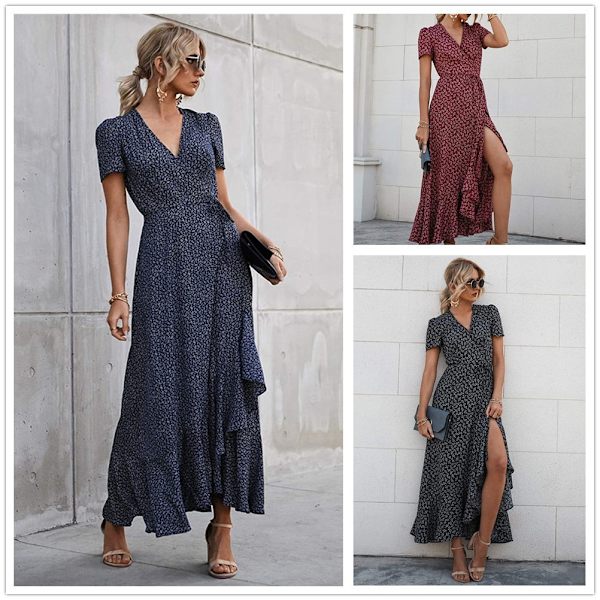Sommar-Maxiklänning för Kvinnor, Casual Boho Blommig V-ringad Kort Ärm