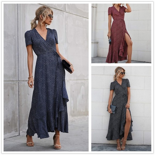 Sommer Wrap Maxi Kjole til Kvinder Casual Boho Blomster V-hals Kort Ærme