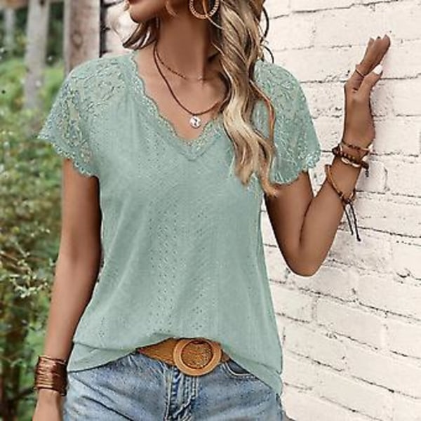Kortermet bluse for kvinner, V-hals, blondekant, ensfarget, moteriktig, pustende for sommeren (SGrønn) Green S