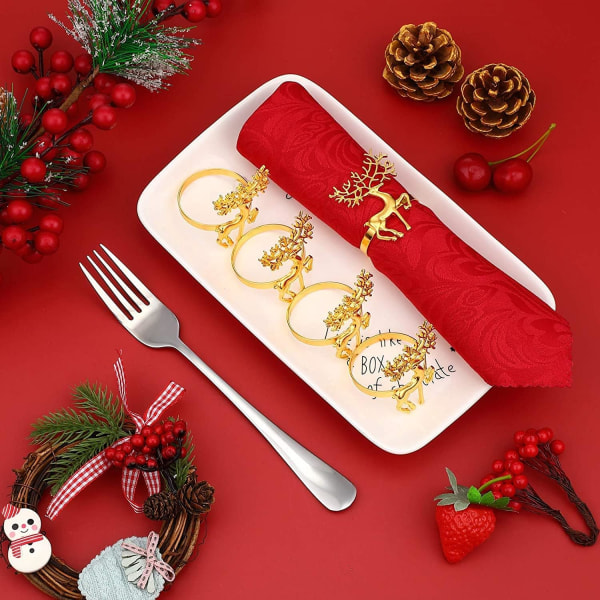 12 Pieces Christmas Reindeer Napkin Rings, Gold Napkin Holder El