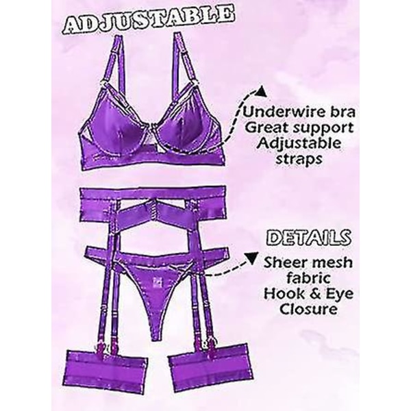 Sexy undertøyssett for kvinner, 4-delt BH- og trusesett med strømpebelte, stroppeundertøyssett med lårstropper.XXL.lilla Purple 2XL