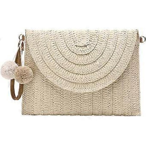 Skuldertaske i strå til kvinder, strå clutch pung, moderigtige dame crossbody tasker, vævet kuverttaske til sommerstrand