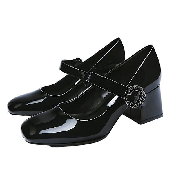 Italiensk design Mary Jane sko Kvinner Hepburn Black Shoes Vintage Square Toe sko Dinner Party Dress sko.36.