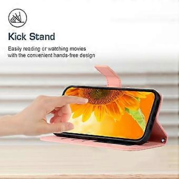 Oppo A58 4G lompakkokotelo, auringonkukkakuvio, jalustallinen nahkakotelo ja ranneke Style D