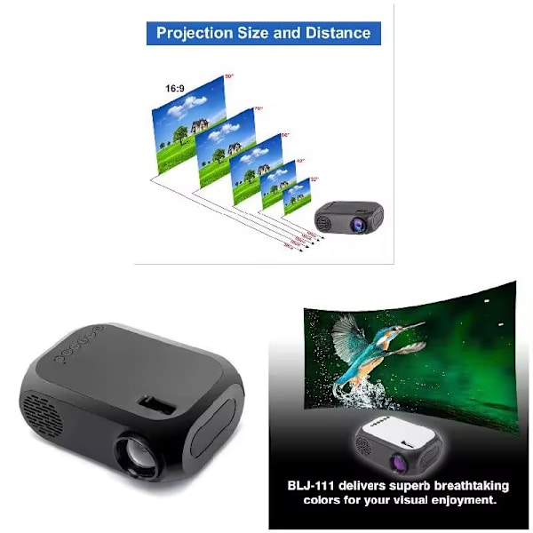 Svart, HD 1080P bærbar LED-projektor Mini hjemmekino lett