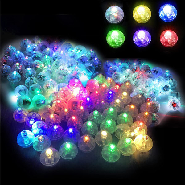 100 stk. Multicolor LED Ballonlys, Regnbuefarvede Runde Led Fl