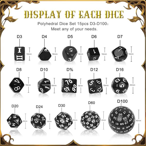 Tärningssats, rollspelstärningar, polyhedral tärningssats med 15 delar D3-D100