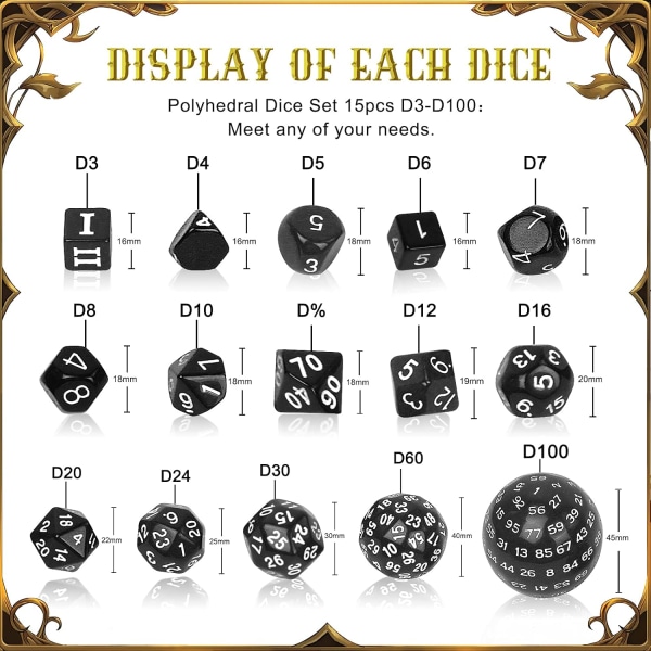 Terningesæt, rollespilsterninger, polyhedral terningesæt med 15 stk. D3-D100