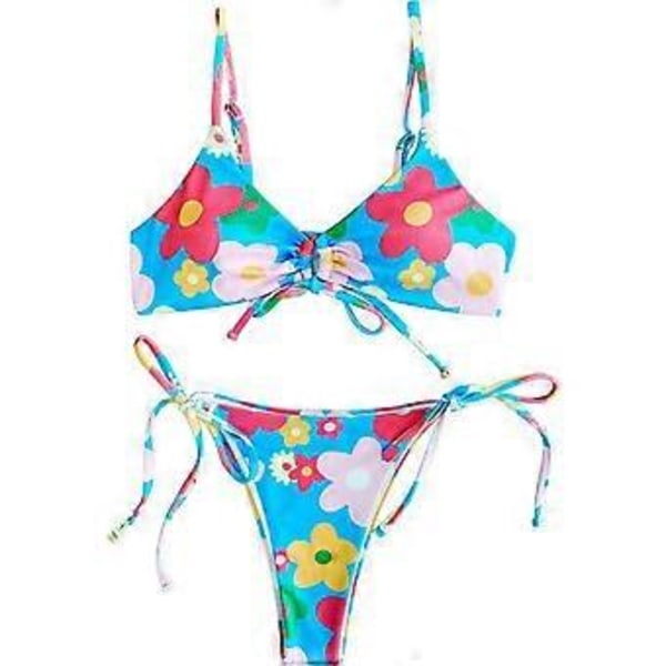 Sexig halterneck-baddräkt i två delar för damer, högskuren stringtrosa, push-up bikiniset, snörning, badkläder, strandkläder, tryck på blå bac S Printing on blue bac S