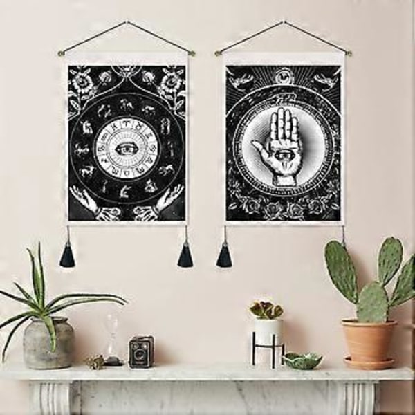 Onda Ögat Väggbonader med Tofsar, Set om 2 Handvävda Tapeter, Svart, Astrologi Zodiak Tapeter, 35 x 50 cm