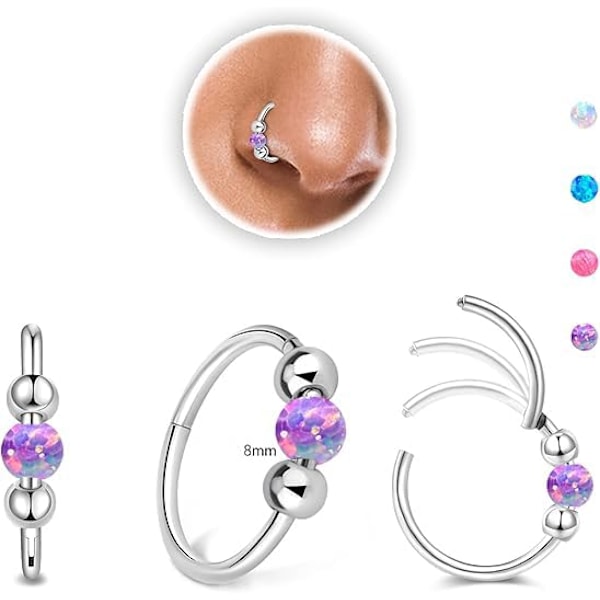 Nenärengas, Opalinen Nenärengas, Koru 8MM 316L Lääketieteellinen Teräs Antiallerginen Hopea Nenäkalvon Rengas, Naisten Nenärengaskorut (Violetti)
