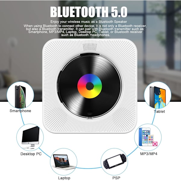 Vit - CD-spelare för skrivbord med Bluetooth Gueray Väggmonterad CD