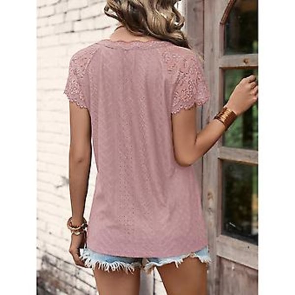 Kortermet bluse for kvinner, V-hals, blondekant, ensfarget, moteriktig, pustende for sommeren (XL Brunrød) Brownish Red XL
