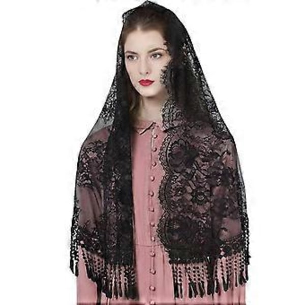 Delikat Mantilla Slør Blondekant Sjal for Damer Mantilla Blomstersjal Bryllupsfest Hodeplagg Brude Tilbehør Svart Black