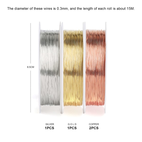 4 ruller kobbertråd til smykker, tråddiameter 0,3 mm, 15 m guld sølv rosenguld tråd, ring smykkefremstilling, tråd smykker, blomsterhåndværk