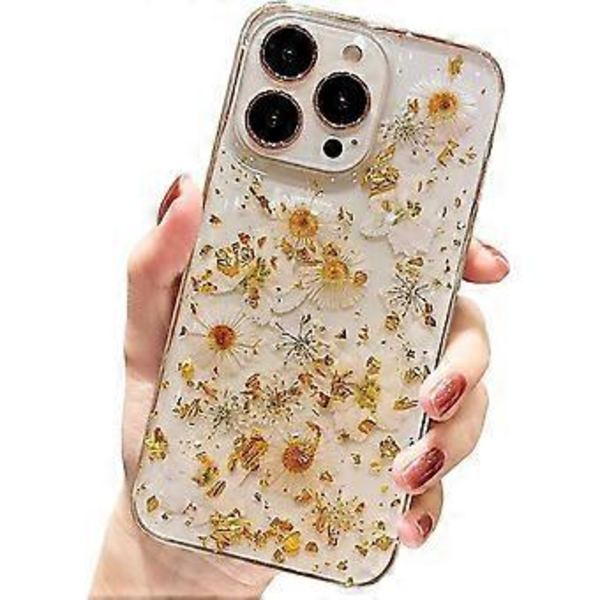 iPhone 12 Pro Max -kotelo kukkakuvioilla, söpö kirkas glitter puristettu aito kukka päivänkakkara design pehmeä ohut suojaava kukka kotelo naisille tytöille (kultainen päivänkakkara)