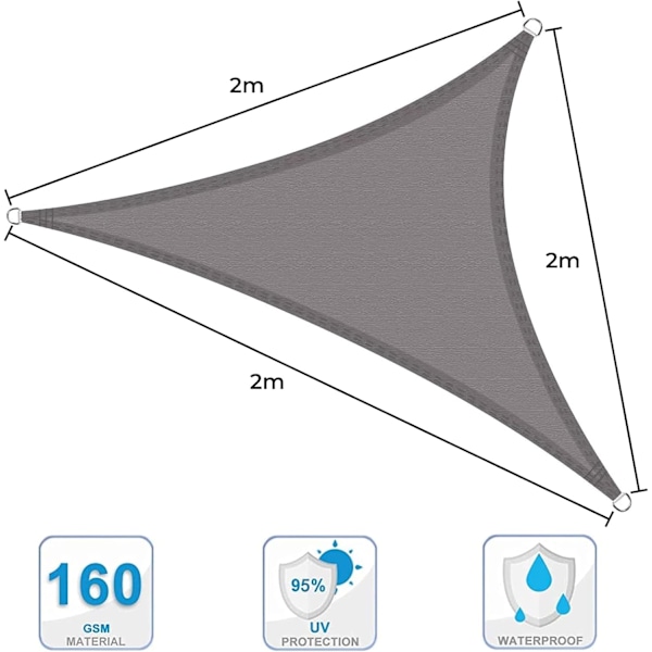 2x2x2 Vanntett skygge seil, 2m trekant hageseyl, 98% UV-blokk