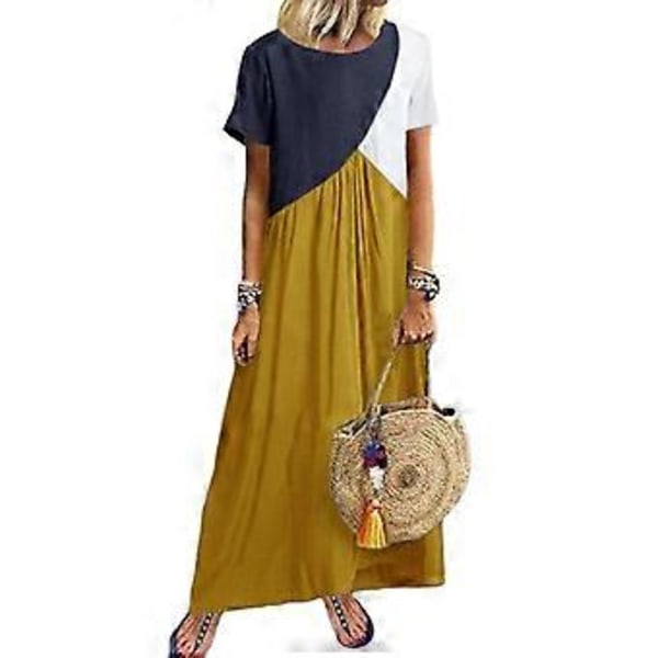 Dame Farveblok T-shirt Kjole Kortærmet Maxikjole Casual Løs Lang Maxikjole Strand Lang Kjole Swing Kjole Gul L Yellow L